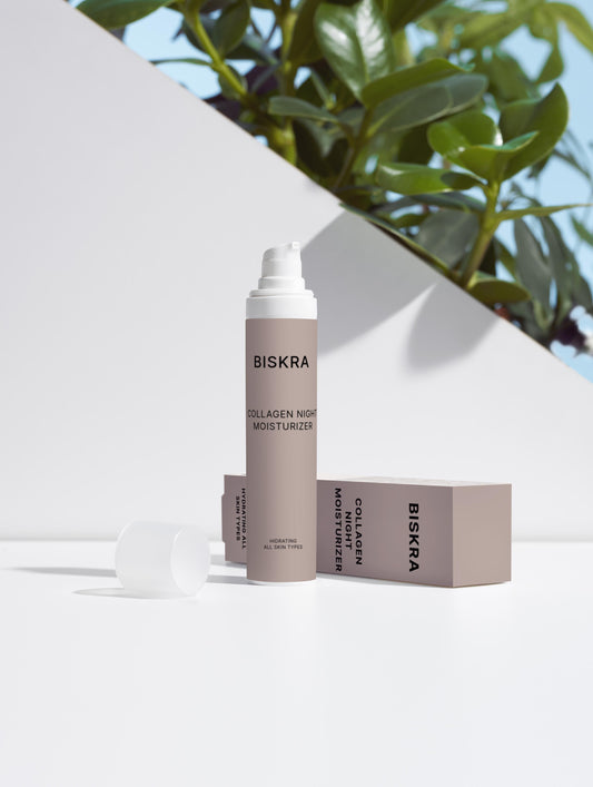 "Applying Collagen Night Moisturizer to clean, dry skin as part of a nighttime skincare routine."