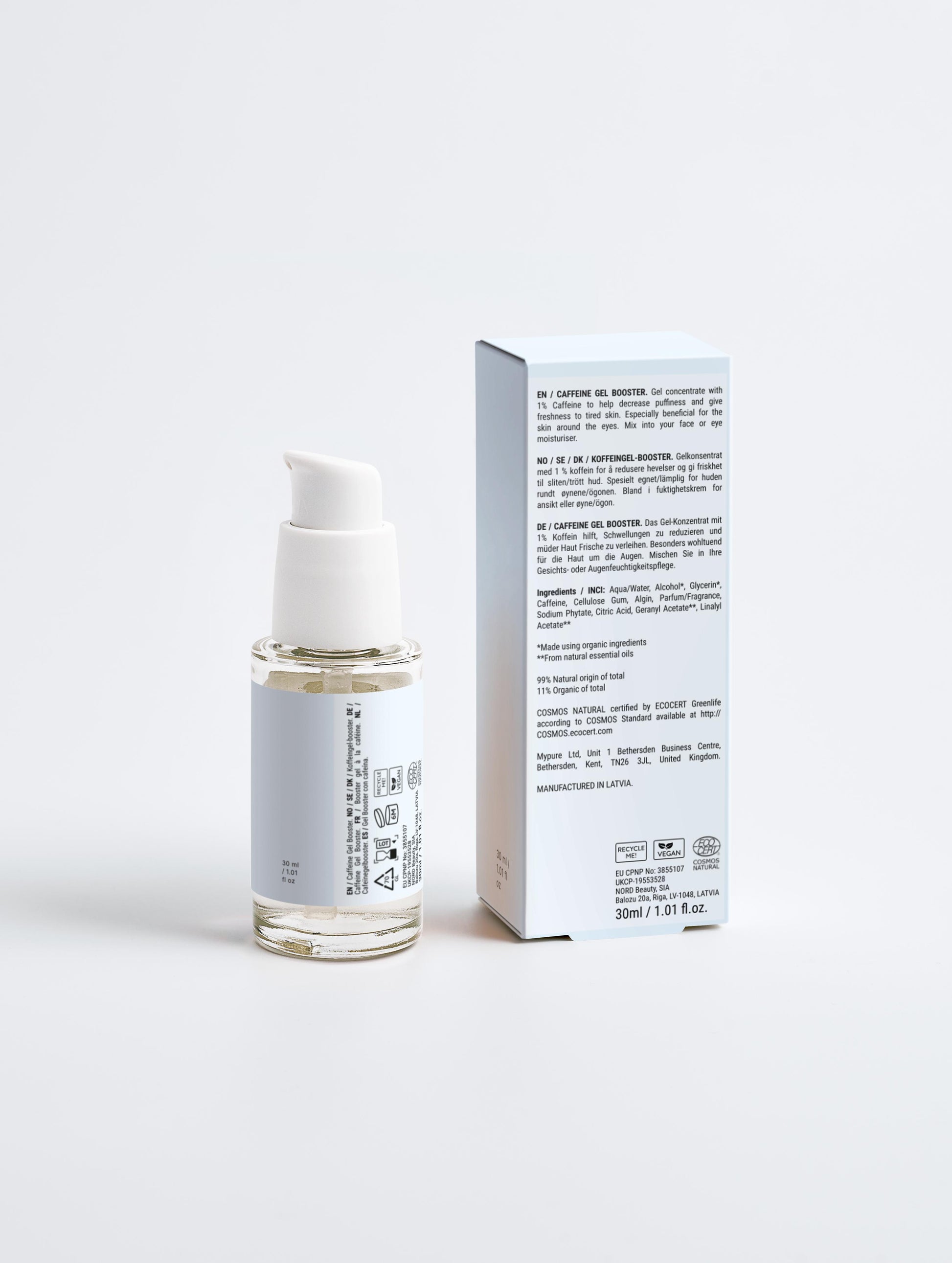 Eco-friendly packaging of Hydra Eye Revitalize Gel Serum with botanical illustrations and ingredients list.