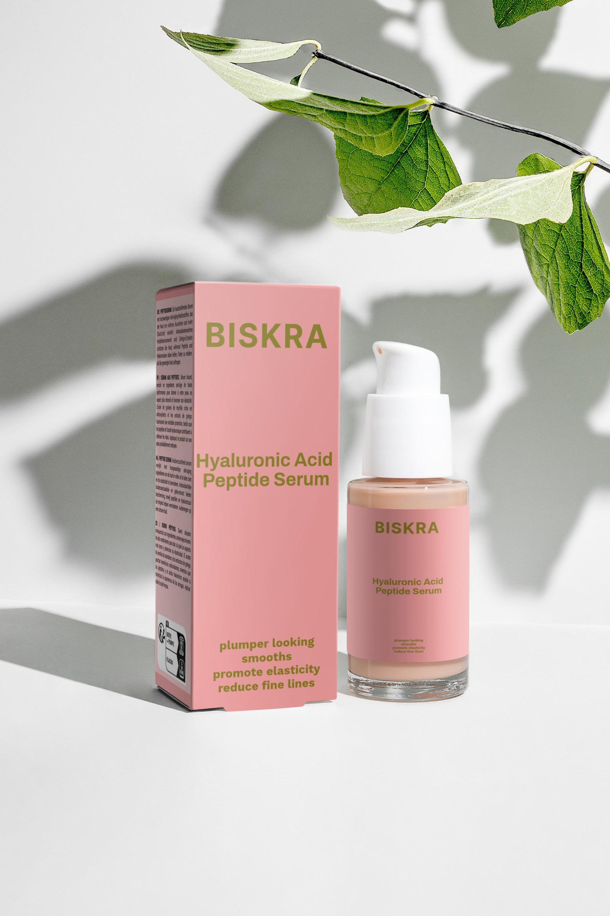 "Elegant glass bottle of Biskra's luxury Hyaluronic Acid Peptide Serum on white background"
