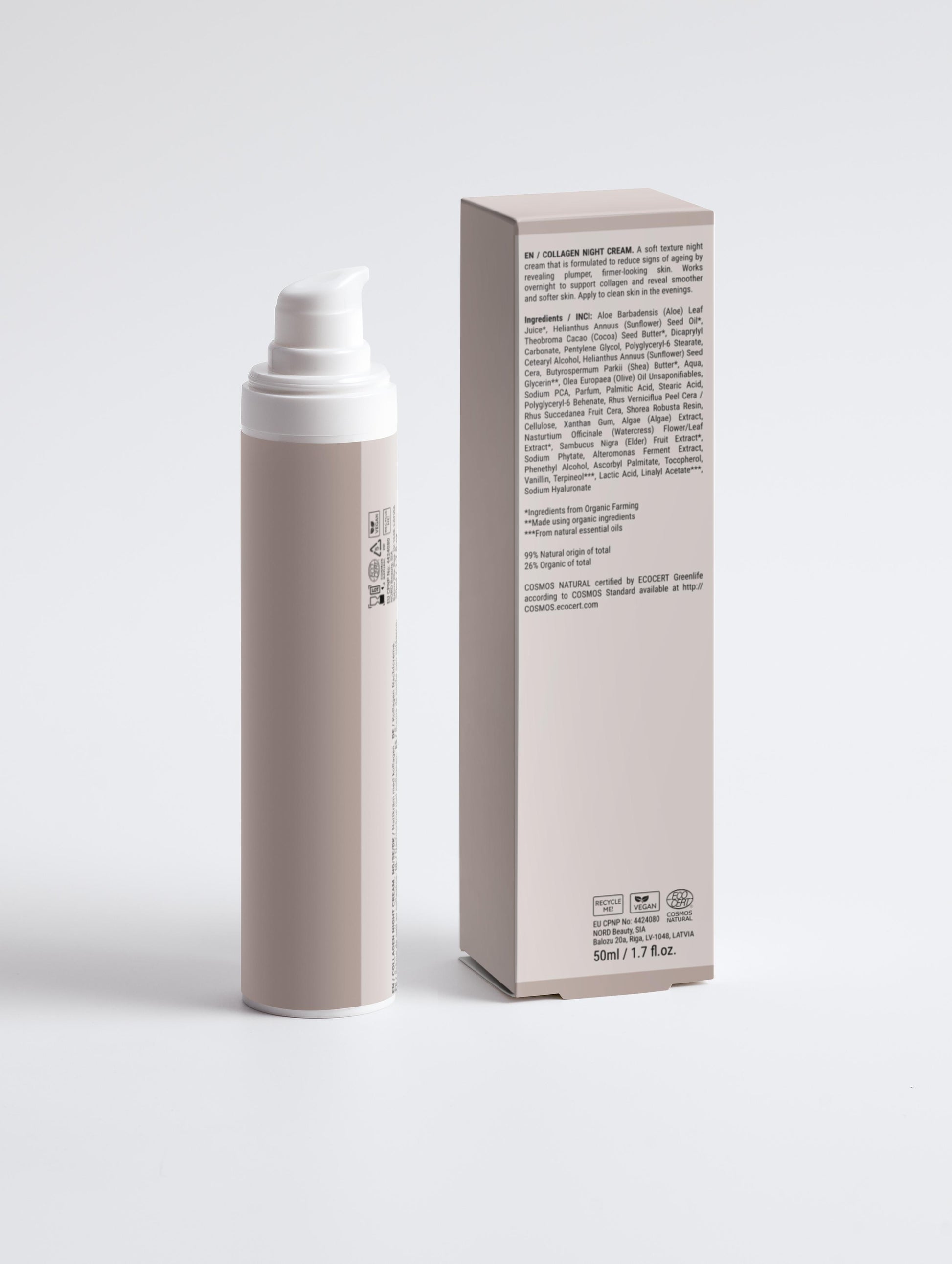 "Jar of Collagen Night Moisturizer on a neutral background with open lid."