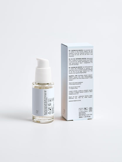 Eco-friendly packaging of Hydra Eye Revitalize Gel Serum with botanical illustrations and ingredients list.