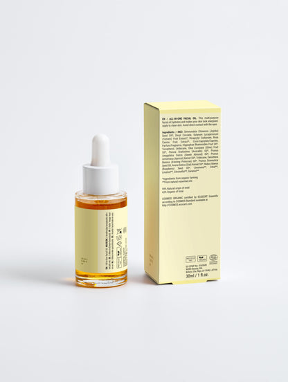 Flat lay of Essential Oils Hydra Booster with ingredients like jojoba and avocado